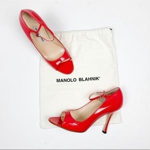 RARE Manolo Blahnik Mary Janes Patent Leather sz 40 Red heels pumps stilettos